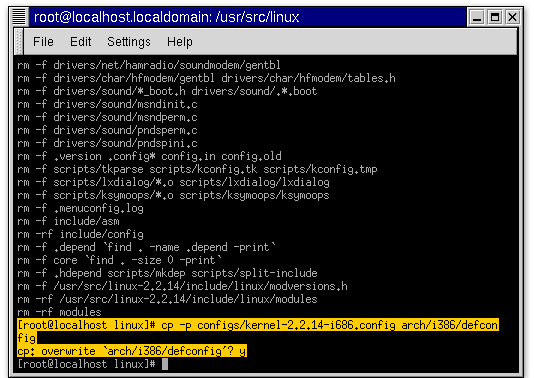 3) Step three: copy a default configuration file to the arch/i386/defconfig file. In this example, you copied an Intel 686 default profile. Because a default profile already exists, Red Hat Linux will prompt you to overwrite the existing file. It is safe to answer