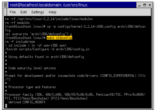 4) Step four: create a starting Linux kernel configuration file by typing make oldconfig. This incorporates the default configuration you copied in the previous step into your Linux kernel configuration. 