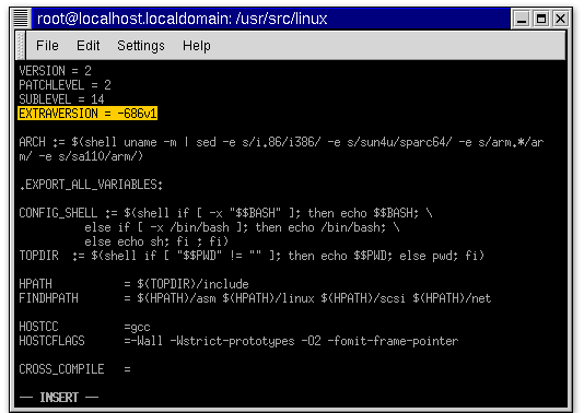 9) Step six: update the EXTRAVERSION variable in the Linux kernel configuration makefile. You can set this to any value, but something you easily recognize and that is different from your last kernel configuration is recommended. 