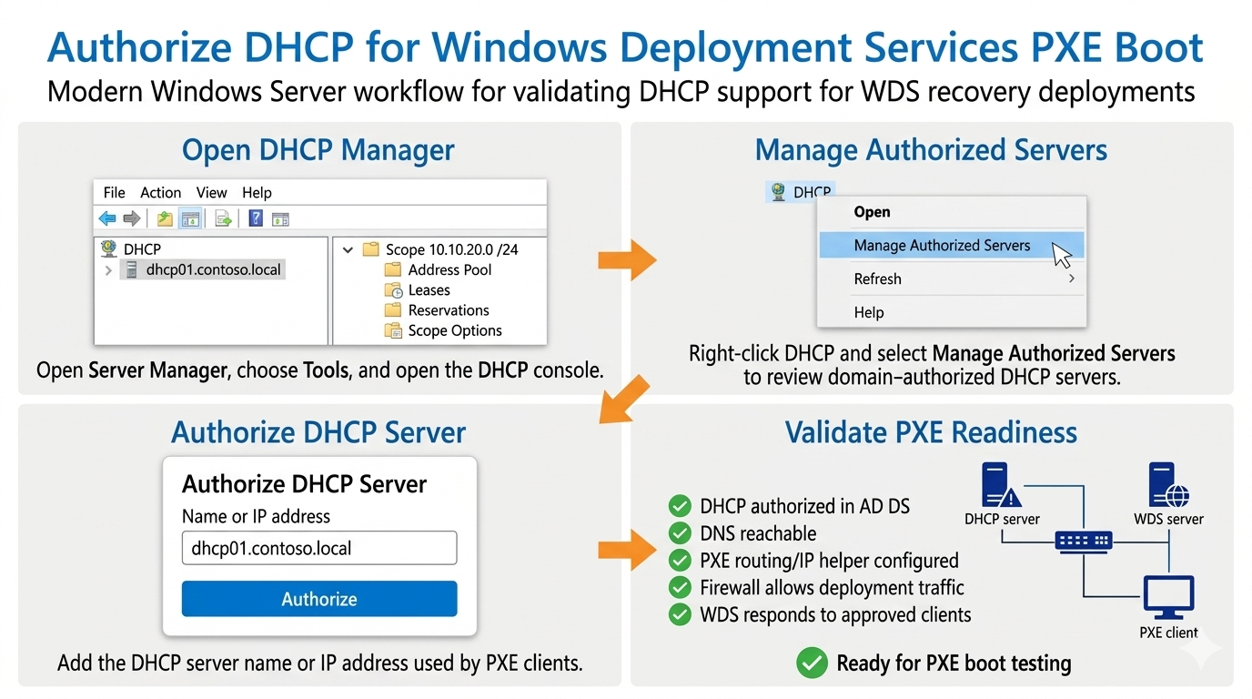 Authorize DHCP for Windows Deployment Services PXE boot showing DHCP Manager, authorized DHCP servers, DHCP server authorization, and PXE readiness validation