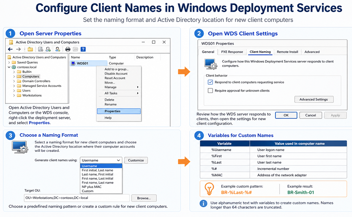 Configure client names in Windows Deployment Services using naming formats, Active Directory computer-account locations, and controlled OU placement