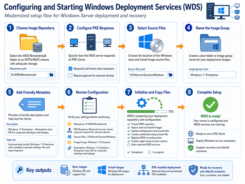 Configuring and starting Windows Deployment Services setup flow showing repository selection, PXE response, source files, image group, metadata, review, initialization, and completed WDS setup