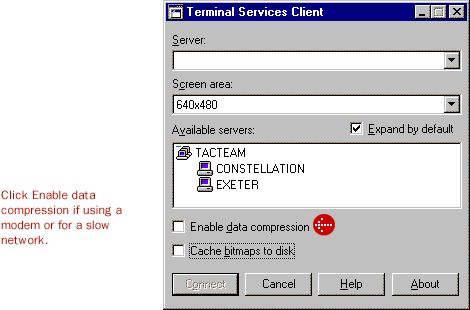 Click enable data compression if using a modem or for a slow network 